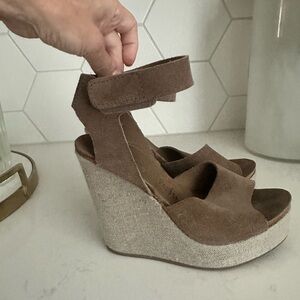Pedro Garcia Tan Suede Wedge Sandals with Ankle Strap
